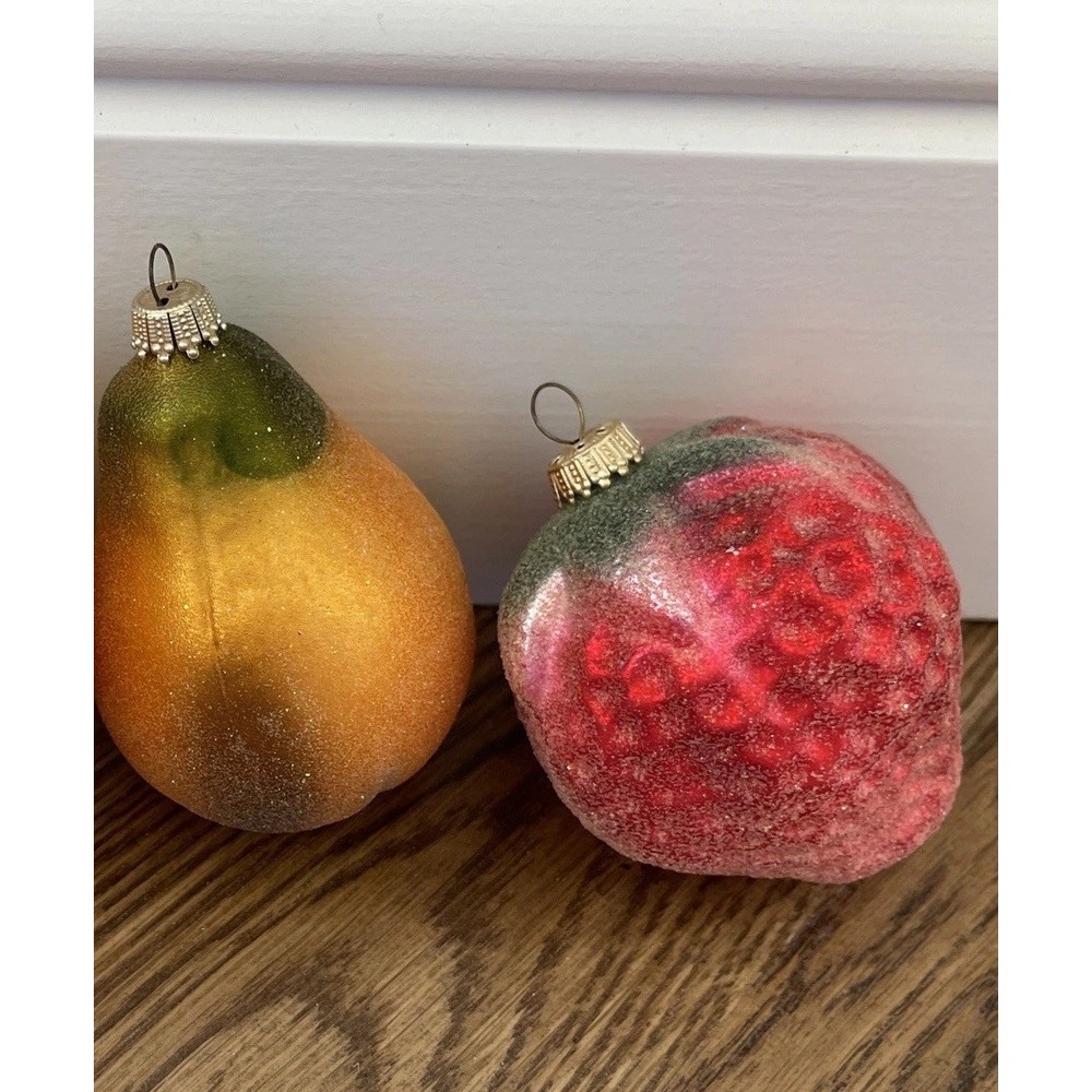 Krebs Blown Glass Christmas Ornament Sugared  Pear Strawberry Germany Set